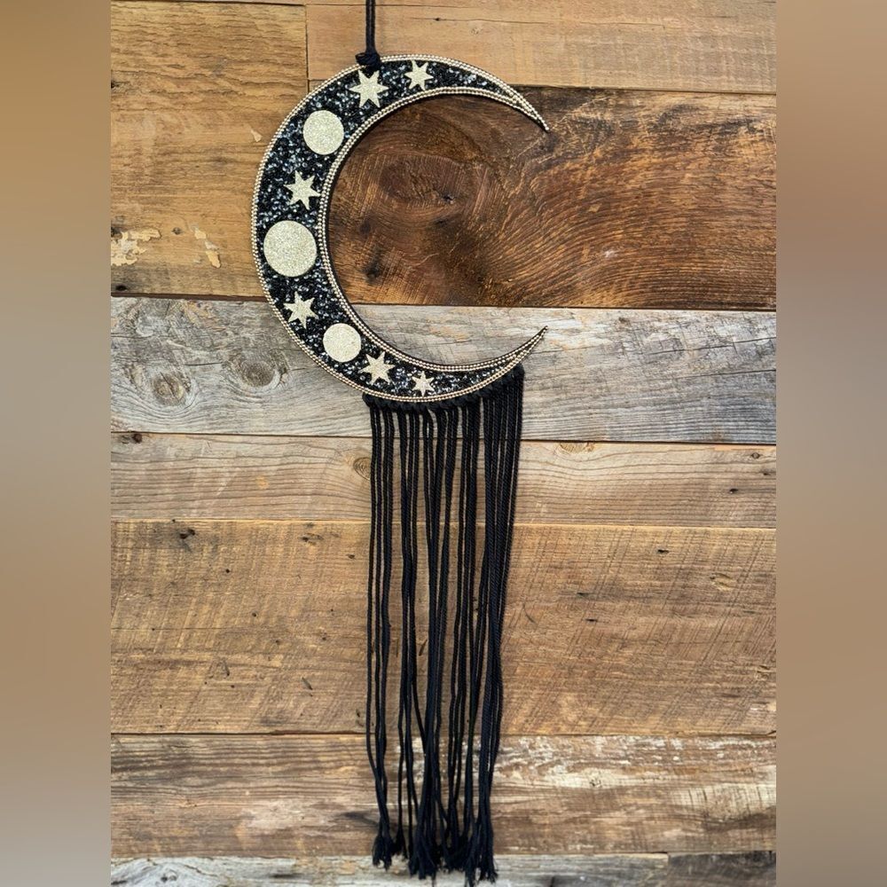 Black Glitter Crescent Moon Wall Hanging w/ Stars & Tassel Fringe Boho Celestial